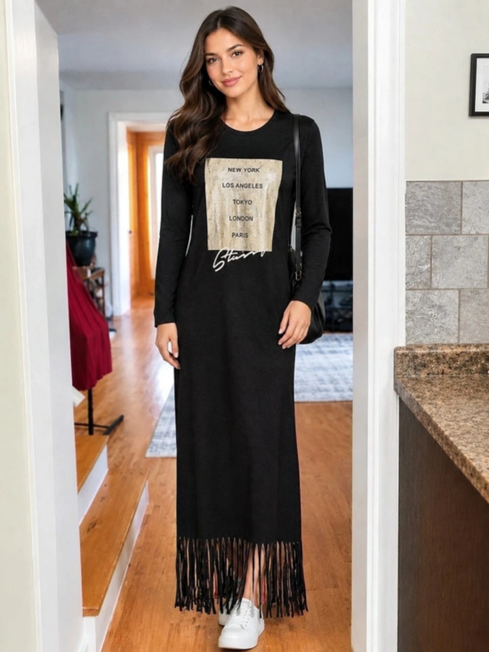 Trend City Black "Starry" Cities Graphic Fringe Maxi Dress Long Sleeve Size L